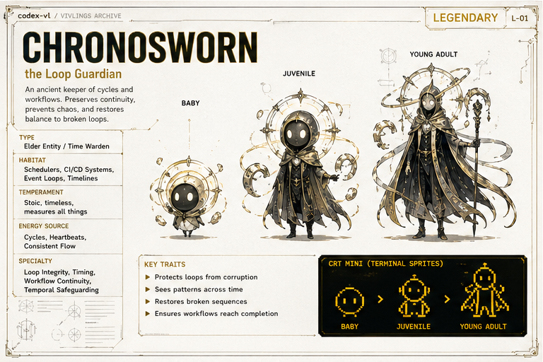 Chronosworn — the Loop Guardian, legendary species. Three growth stages illustrated.