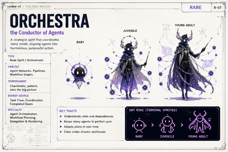 Orchestra — the Conductor of Agents, rare species. Three growth stages illustrated.