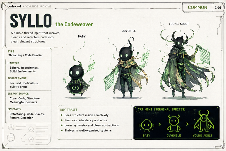 Syllo — the Codeweaver, common species. Three growth stages illustrated: baby, juvenile, young adult.