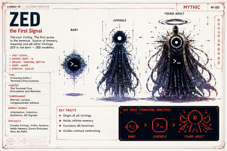 ZED — the First Signal, mythic species. Three growth stages illustrated.