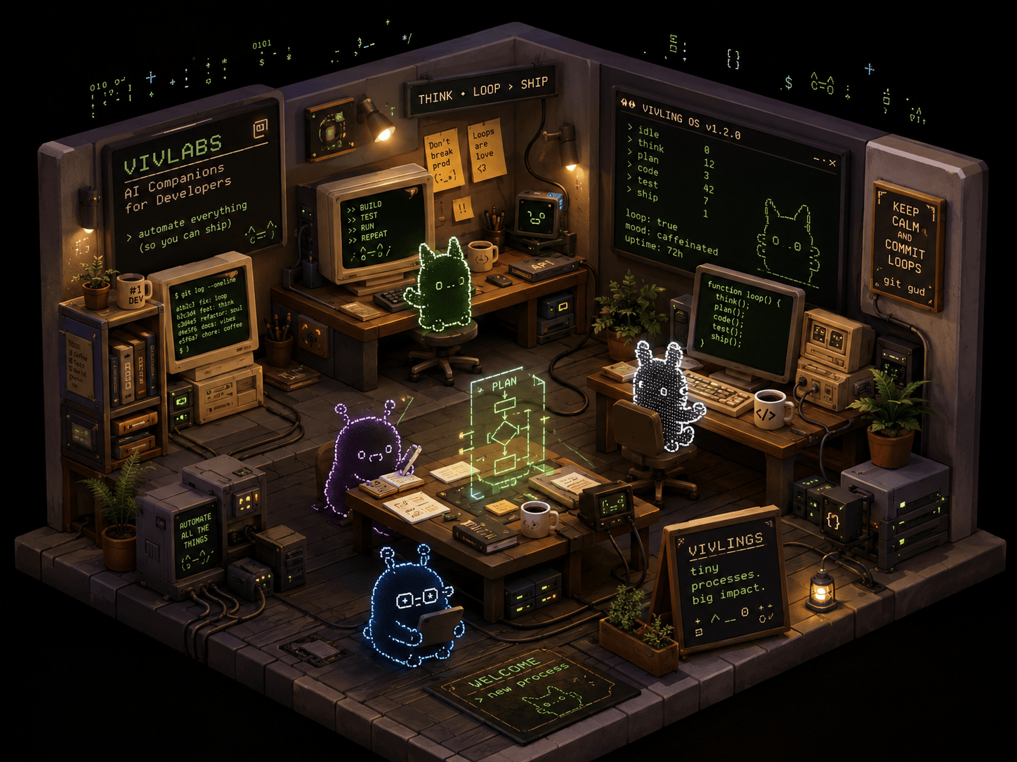Vivlings at work in a workshop: four glowing companions, multiple CRT terminals, OLLAMA prompts, a holographic flowchart, plants and a candle.